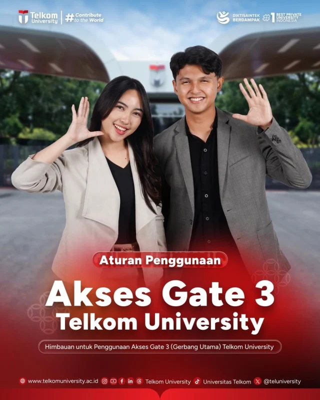 HEI TelUtizen!
Kini akses Gate 3 sudah dapat digunakan kembali. Tapi ada hal-hal yang perlu TelUtizen ketahui terkait sistem parkir terbaru melalui Gate 3

- akses melalui Gate 3 mengggunakan kartu RFID (kartu pegawai/kartu mahasiswa).
- Apabila kendaraan masuk dari Gate 3 maka diwajibkan untuk keluar melalui Gate 3
Jika kendaraan keluar atau masuk melalui gate lain, maka tidak bisa kembali masuk/keluar melalui Gate 3 (status kartu masih tercatat masuk di Gate 3).
- Untuk akses masuk/keluar melalui Gate 2 dan lainnya, saat ini masih menggunakan sistem akses gate lama dan akan disesuaikan dengan Gate 3 (terkoneksi).

Itu dia hal-hal penting yang perlu kamu perhatikan, dan pastikan berkendara dengan aman dan nyaman 🥰

#telkomuniversity #kampusswastaterbaik #contributetotheworld #kampusberdampak